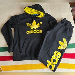 Adidas Vintage Black/Yellow Trefoil Hoodie Track Pants Set